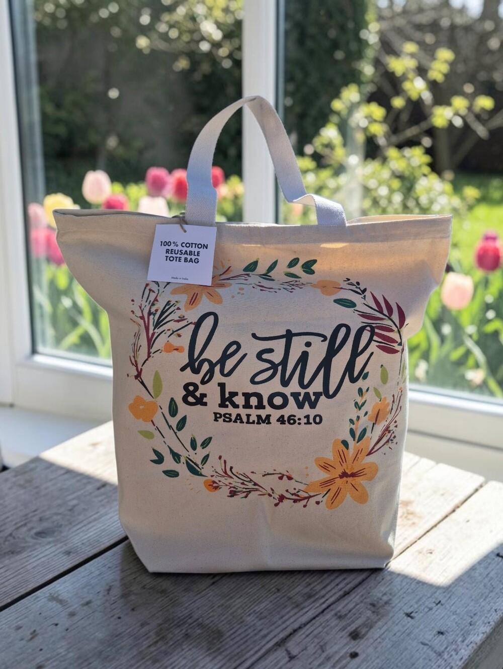 Ex-Large 100% Cotton Floral Canvas Tote Bag. 'Be Still & Know That I Am God'